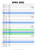 Kalender April 2052 im Hochformat mit Notizbereich