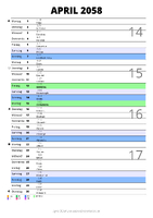 Kalender April 2058 im Hochformat mit Notizbereich