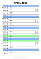 Kalender April 2068 im Hochformat mit Notizbereich