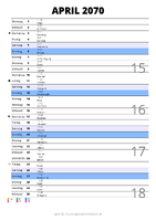 Kalender April 2070 im Hochformat mit Notizbereich