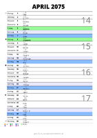 Kalender April 2075 im Hochformat mit Notizbereich