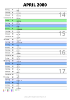 Kalender April 2080 im Hochformat mit Notizbereich