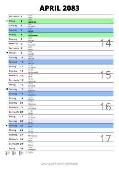 Kalender April 2083 im Hochformat mit Notizbereich
