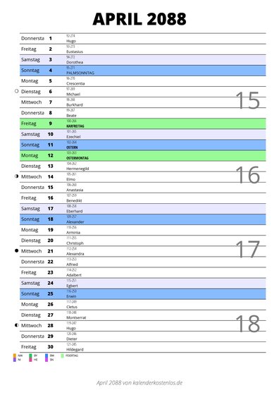 Kalender April 2088 im Hochformat mit Notizbereich