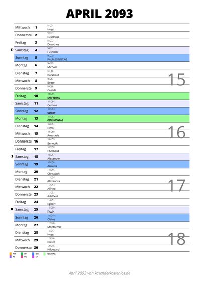 Kalender April 2093 im Hochformat mit Notizbereich
