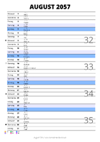 Kalender August 2057 im Hochformat mit Notizbereich