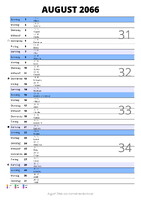 Kalender August 2066 im Hochformat mit Notizbereich