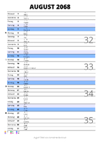 Kalender August 2068 im Hochformat mit Notizbereich