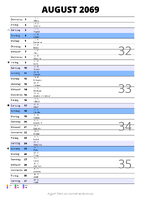 Kalender August 2069 im Hochformat mit Notizbereich