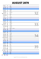 Kalender August 2070 im Hochformat mit Notizbereich