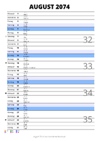 Kalender August 2074 im Hochformat mit Notizbereich