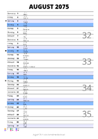 Kalender August 2075 im Hochformat mit Notizbereich