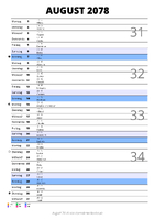 Kalender August 2078 im Hochformat mit Notizbereich