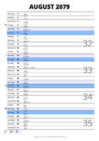 Kalender August 2079 im Hochformat mit Notizbereich