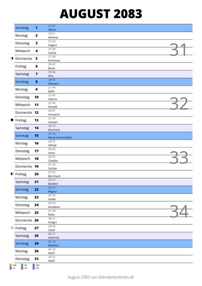 Kalender August 2083 im Hochformat mit Notizbereich