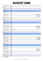 Kalender August 2086 im Hochformat mit Notizbereich