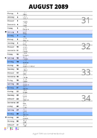 Kalender August 2089 im Hochformat mit Notizbereich