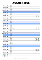 Kalender August 2096 im Hochformat mit Notizbereich
