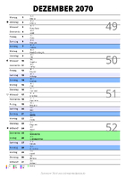 Kalender Dezember 2070 im Hochformat mit Notizbereich