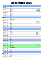 Kalender Dezember 2075 im Hochformat mit Notizbereich