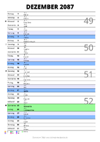 Kalender Dezember 2087 im Hochformat mit Notizbereich