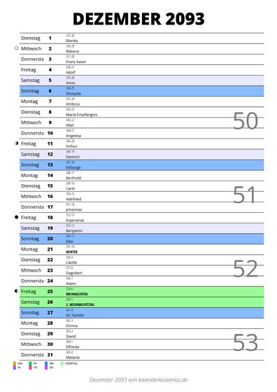 Kalender Dezember 2093 im Hochformat mit Notizbereich