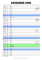 Kalender Dezember 2098 im Hochformat mit Notizbereich