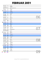 Kalender Februar 2051 im Hochformat mit Notizbereich
