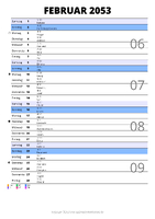 Kalender Februar 2053 im Hochformat mit Notizbereich