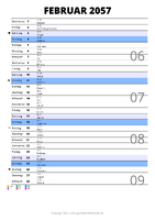 Kalender Februar 2057 im Hochformat mit Notizbereich