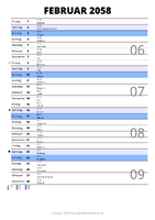 Kalender Februar 2058 im Hochformat mit Notizbereich