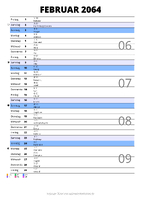 Kalender Februar 2064 im Hochformat mit Notizbereich