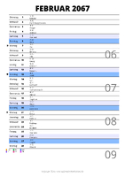 Kalender Februar 2067 im Hochformat mit Notizbereich