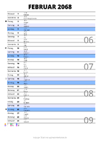 Kalender Februar 2068 im Hochformat mit Notizbereich
