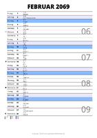 Kalender Februar 2069 im Hochformat mit Notizbereich