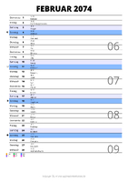 Kalender Februar 2074 im Hochformat mit Notizbereich