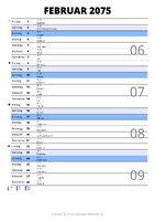 Kalender Februar 2075 im Hochformat mit Notizbereich