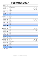 Kalender Februar 2077 im Hochformat mit Notizbereich