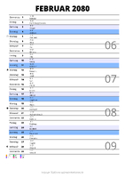 Kalender Februar 2080 im Hochformat mit Notizbereich