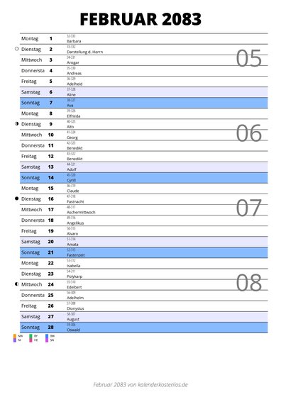 Kalender Februar 2083 im Hochformat mit Notizbereich