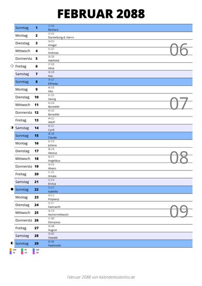 Kalender Februar 2088 im Hochformat mit Notizbereich