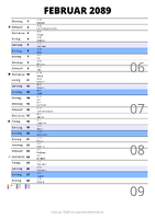 Kalender Februar 2089 im Hochformat mit Notizbereich