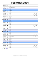Kalender Februar 2091 im Hochformat mit Notizbereich
