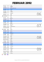 Kalender Februar 2092 im Hochformat mit Notizbereich