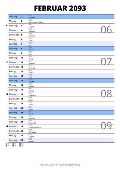 Kalender Februar 2093 im Hochformat mit Notizbereich