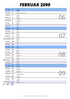 Kalender Februar 2099 im Hochformat mit Notizbereich