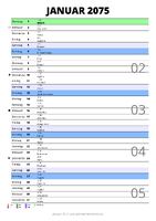Kalender Januar 2075 im Hochformat mit Notizbereich