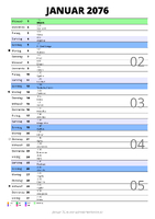 Kalender Januar 2076 im Hochformat mit Notizbereich