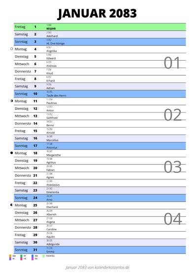 Kalender Januar 2083 im Hochformat mit Notizbereich