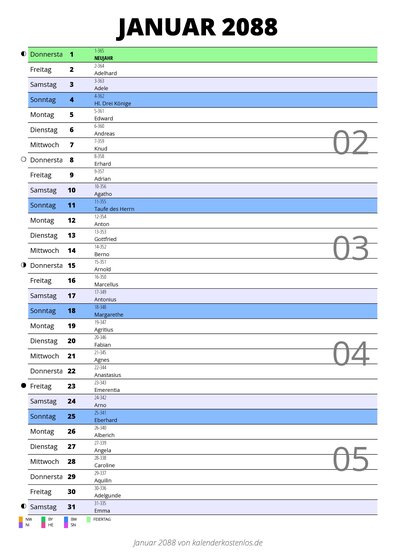 Kalender Januar 2088 im Hochformat mit Notizbereich